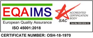 EQAIMS ISO 45001:2018 certification mark, certificate number OSH-18-1970